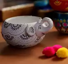 Handmade Washable Terracotta Modern Elephant Diya Tealight T-Light Holder - White